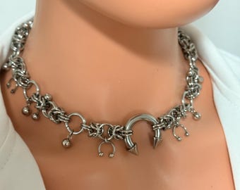 Chunky Silver Horseshoe Septum Ring Charm Necklace Spike Byzantine Chainmail Ball Dangle Goth Punk Industrial Jewellery Piercing Barbells