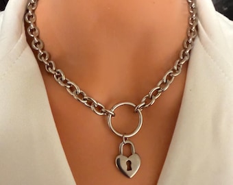 Silver Stainless Steel Heart Padlock Rolo Chain Necklace Choker Goth Lock Keyhole Pendant Jewellery Centrepiece Dropping Punk Wear