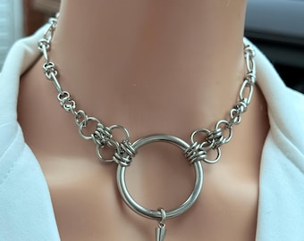 Silver Big O Ring Spike Chunky Choker Necklace Statement Goth Alternative Collar BDSM Unisex Jewellery Gift Stainless Steel Punk Gothic