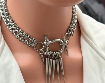Silver Spike Necklace U Shape Lock Statement Punk Gothic Choker Industrial Chain Avantgarde Rocker Biker Festival Runway Accessory Gift