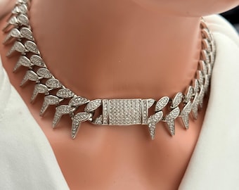 Silver Iced Out Cuban Link Miami Curb Chain Choker – Bling Rhinestone Hip Hop Necklace for Men & Women Chunky Jewellery
