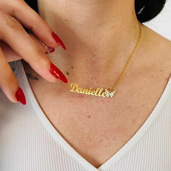 18K Gold Personalized Name Necklace, Crystals Butterfly Name Necklace, Custom Name Necklace, Women Choker Necklace, Gift For Her