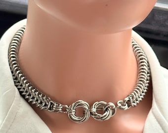 Silver Chainmaille Choker Weave Necklace, 316 Stainless Steel Rings, Statement Collar Medieval Gothic Viking Biker Jewellery Gift
