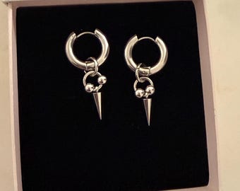 Silver Steel O Ring Spike Ball Hoop Unisex Earrings • Minimalist Dangle Men Hoops • Edgy Silver Huggies • Goth Punk Hypoallergenic Jewellery