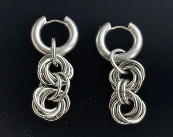 Stainless Steel Hoop Earrings with Double Interlocking Rings – Minimalist Chainmail Dangle Unisex Jewelry