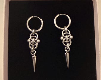 Silver Stainless Steel Spike Dangle Hoop Earrings • Chainmail Gothic Punk Industrial Jewelry • Edgy Silver Cone Huggies • Alt Fashion Gift