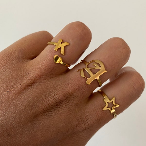 Personalised Gothic Ring, Adjustable Star Ring, Custom Initial Letter Ring, Unisex Statement Ring, 18K Gold Ring, Silver Stackable Ring