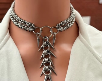 Silver Steel Fringe Spiked Choker Necklace Industrial Gothic Punk Statement Collar Ring Drop Alternative Rock Biker Runway Jewelry Present