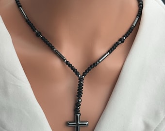 Collier croix en pierre naturelle et perles - Obsidienne noire, pendentif long oeil de tigre