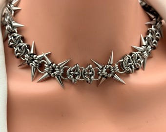 Waterproof Stainless Steel Spike Choker Necklace Punk Gothic Edgy Statement Heavy Unisex Jewellery Gift