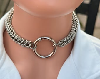 Silver Stainless Steel Chainmaille O Ring Choker Necklace Gothic BDSM Collar Alternative Jewellery Tube Woven Handmade Gift