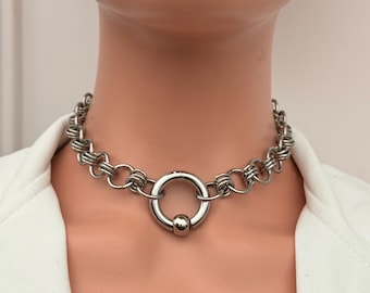 Stainless Steel O-Ring Ball Choker • Horseshoe Industrial Chainmail Necklace • Gothic Punk Statement Jewellery • Silver Captive Bead Choker