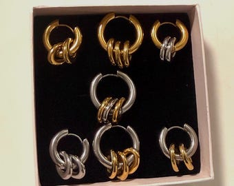 Triple Ring Stainless Steel Hoop Earrings • Oval Ring Interlocking Huggies • 18K Gold and Silver Two Tone Hoops • 12mm 16mm Gothic Chic Punk