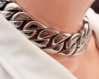 Collar de cadena pesada de 32 mm con eslabones cubanos grandes y gruesos de plata, gargantilla de acero inoxidable 316L, estilo punk, hip hop, gótico, estilo urbano.