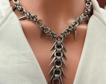 Silver Stainless Steel Chainmaille Spike Cascade Collar  Necklace Gothic Statement Heavy Metal Jewelry Lariat Centerpiece Drop Down Choker