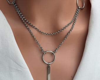 Layered 3mm Rolo Chain Silver Stainless Steel Ring and Long Bar Necklace – Handmade Modern Style Industrial Choker Jewellery