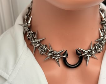 Silver Stainless Steel Ball Spike Choker Necklace Black Septum Ring Horseshoe Pendant Goth Punk Emo BDSM Statement Handmade Jewellery