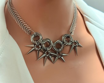 Silver Steel Fish Bone Skeleton Herringbone Spine Chainmaille Collar Necklace Starburst Spike Cascade Gothic Viking Statement Edgy Gift