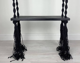 Black Macrame Swing | Indoor or Outdoor for Adults and Kids | Long Wooden Seat | Steel Rings | Beautiful Weave Decoration With Long Fringes