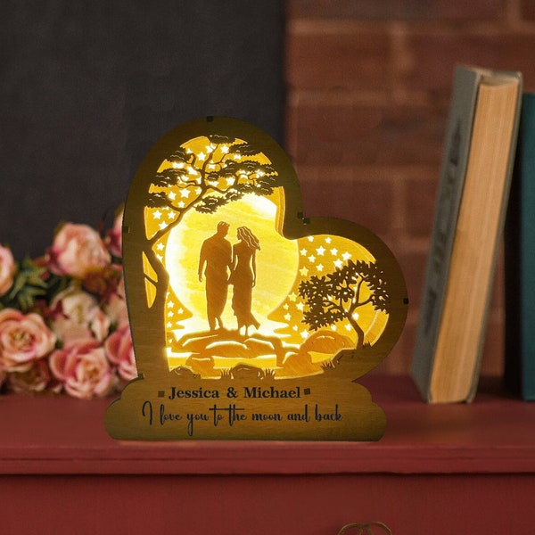 Customizable Heart-shaped LED Wooden Bedside Lamp,  Personalized Gift for  Her, Walking Couple, Custom Night Light, Unique  Wedding Gift