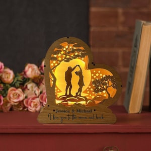 Lampada da comodino a LED in legno a forma di cuore personalizzabile, regalo personalizzato per coppia, danza