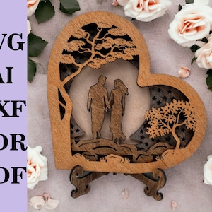Modello di taglio laser a forma di cuore a strati con coppia di cuori su pietre di fiume - File digitale tagliato al laser, svg ai dxf pdf cdr