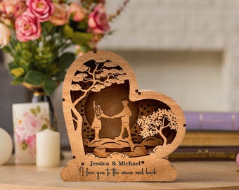 Customizable Heart-shaped LED Wooden Bedside Lamp,  Personalized Gift for Couple