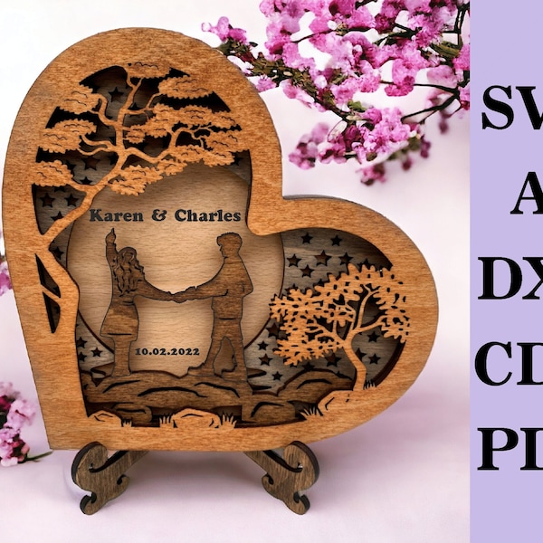 Wooden Heart Laser Cut Template with Couple on a River Stones -  Layered Laser Cut Digital File, svg ai dxf pdf cdr
