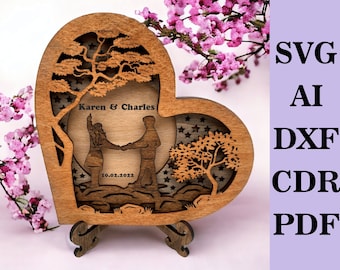 Wooden Heart Laser Cut Template with Couple on a River Stones -  Layered Laser Cut Digital File, svg ai dxf pdf cdr