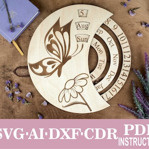 Calendário perpétuo de gravação de borboleta Svg com arquivos de corte a laser de roda, gravura, arquivos Glowforge Svg
