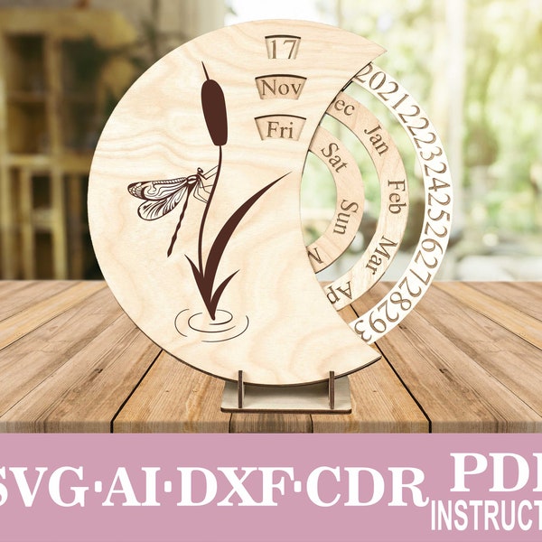 Dragonfly SVG Engraving Perpetual Calendar Laser Cut Files, Glowforge Files Svg , Crescent Moon Svg