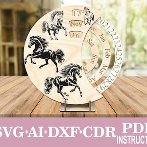 4Horses Steed Equine Calendário perpétuo SVG Calendário perpétuo com arquivos de corte a laser de roda, arquivos Glowforge Svg, apenas uma garota que adora cavalos