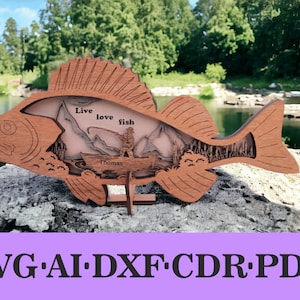 3D-gelaagd visvormig SVG-bestand voor lasersnijden, aanpasbare wanddecoratie met visser op een boot, meer, bergen, riet en rotsen