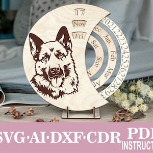 Deutscher Schäferhund Gravur Ewiger Kalender mit Rad Laser Cut Files, Glowforge Files svg