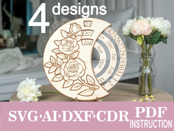Perpetual Calendar Svg 4 designs Laser Cut Files, Glowforge Files Svg , Crescent Moon Svg