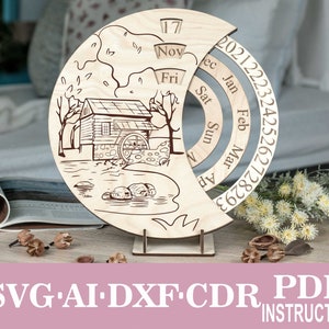 Archivos de corte láser de calendario perpetuo con grabado SVG de molino de agua, archivos Svg de Glowforge, Svg de luna creciente