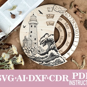 May include: A wooden calendar with a lighthouse and waves design. The calendar features a rotating dial with the months of the year and days of the week. The calendar is perfect for adding a nautical touch to any home.