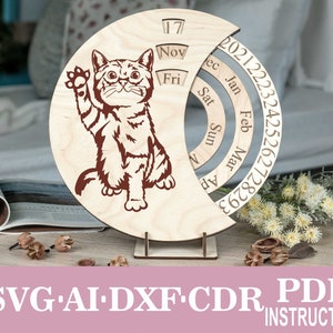 Calendário perpétuo de gravação Cat Svg com arquivos de corte a laser de roda, arquivos Glowforge Svg