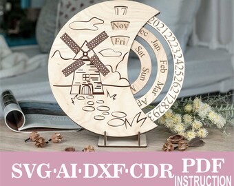 Mühle Gravur Ewiger Kalender Laser Cut Files: Crescent Moon SVG (Digital Download)
