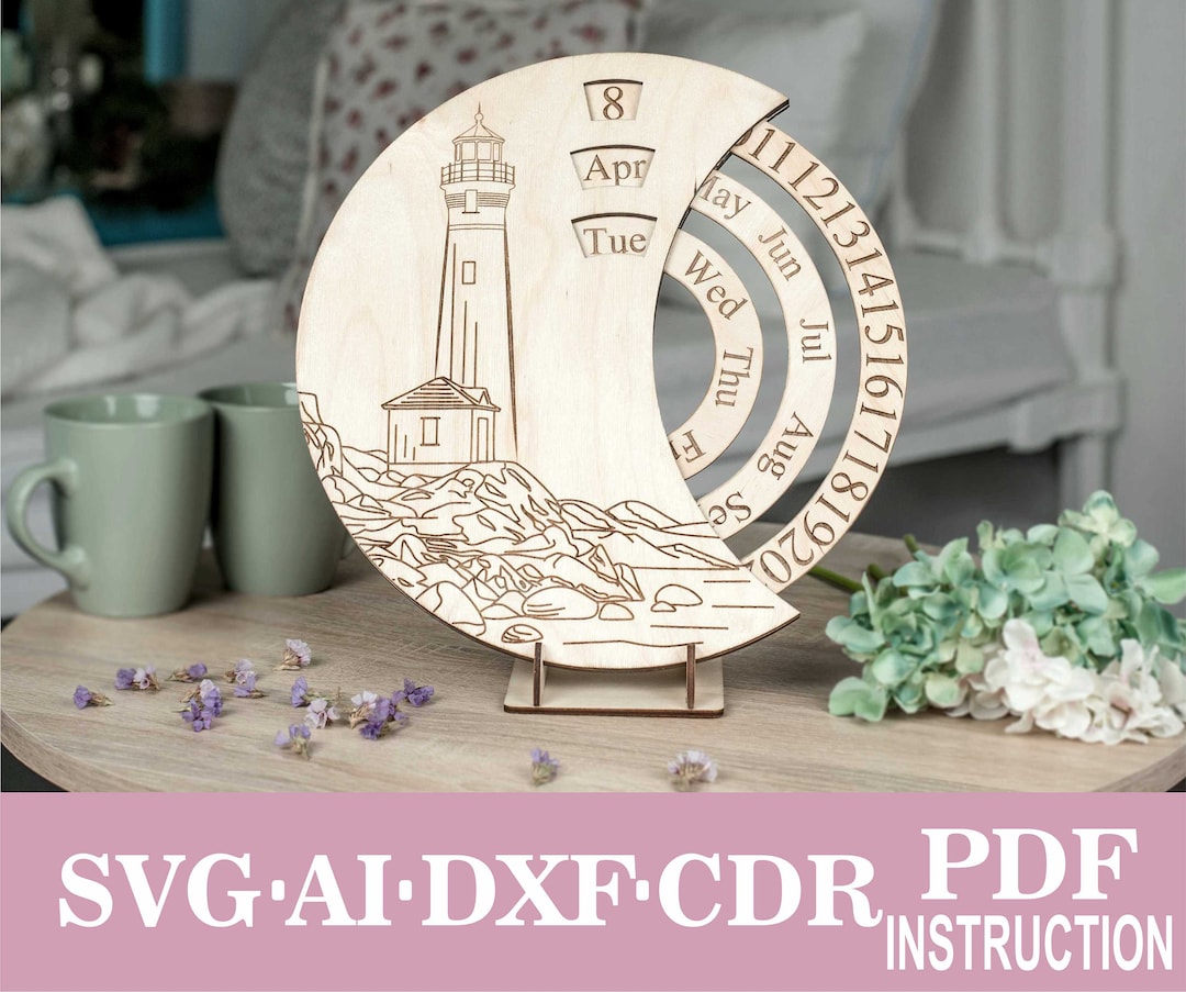 Lighthouse SVG Engraving Perpetual Calendar Laser Cut Files,