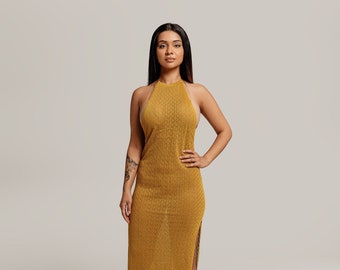 Mustard Yellow Stretchy Textured Knit Halter Backless Cover Up Dress