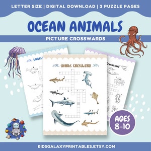 Ocean Animals Picture Crossword Puzzles | Kids 8-10 yrs | Sea, Aquatic Creature Puzzles | Whales, Sharks | Instant Digital Download PDF