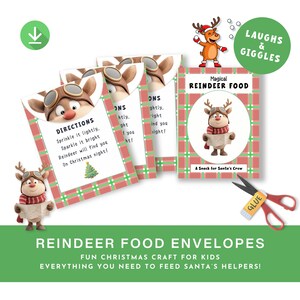 May include: Reindeer food envelopes with a cartoon reindeer design. The envelopes have a red and green plaid pattern and include instructions. The image also features a cartoon reindeer, scissors, and glue.