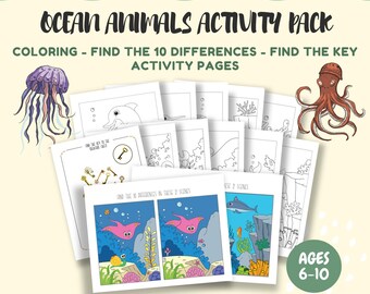 Meerestiere Aktivitätspaket, druckbare PDF-Datei mit Malseiten und Puzzles für Kinder im Alter von 6-10 Jahren