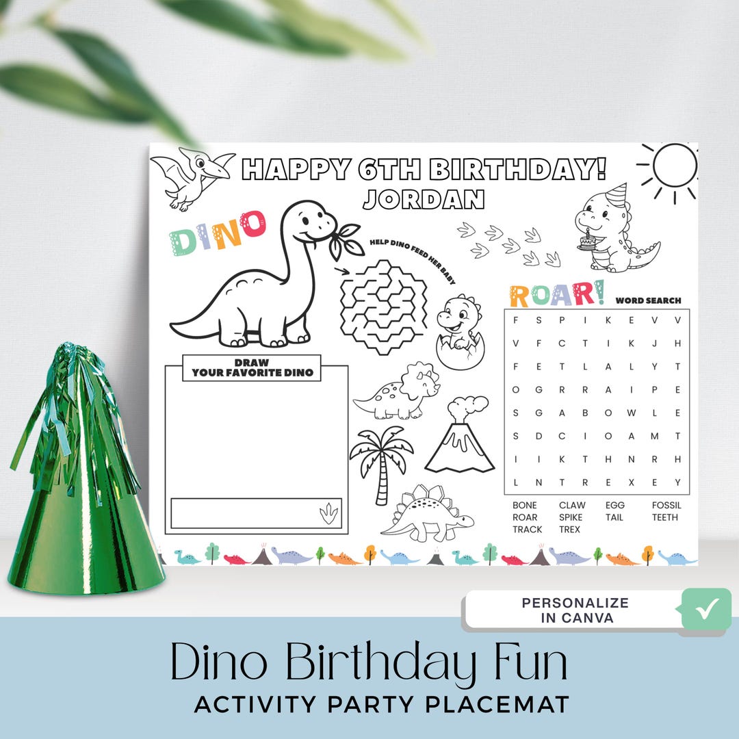 Customize Dinosaur Happy Birthday Activity Placemat Printable, Party ...
