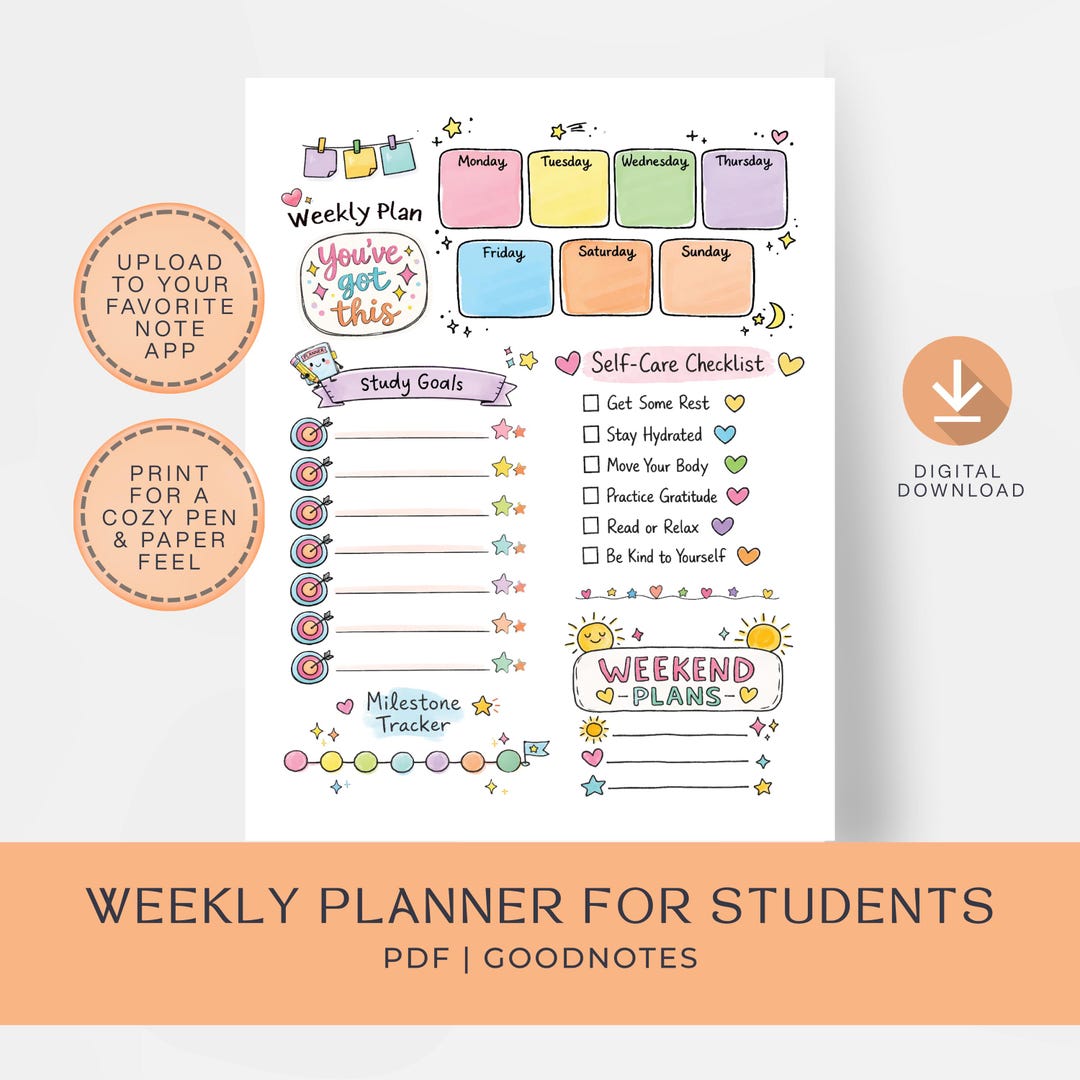 Student Weekly Goals Example Cute Weekly Student Planner Page, Study Goals Journal, Self-care and ...