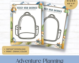 May include: Two printable activity sheets with backpack outlines for colouring and drawing. The sheets are titled "Design Your Backpack" and "Pack Your Backpack". The sheets are A4 size and feature illustrations of a teddy bear, shoes, and a backpack.