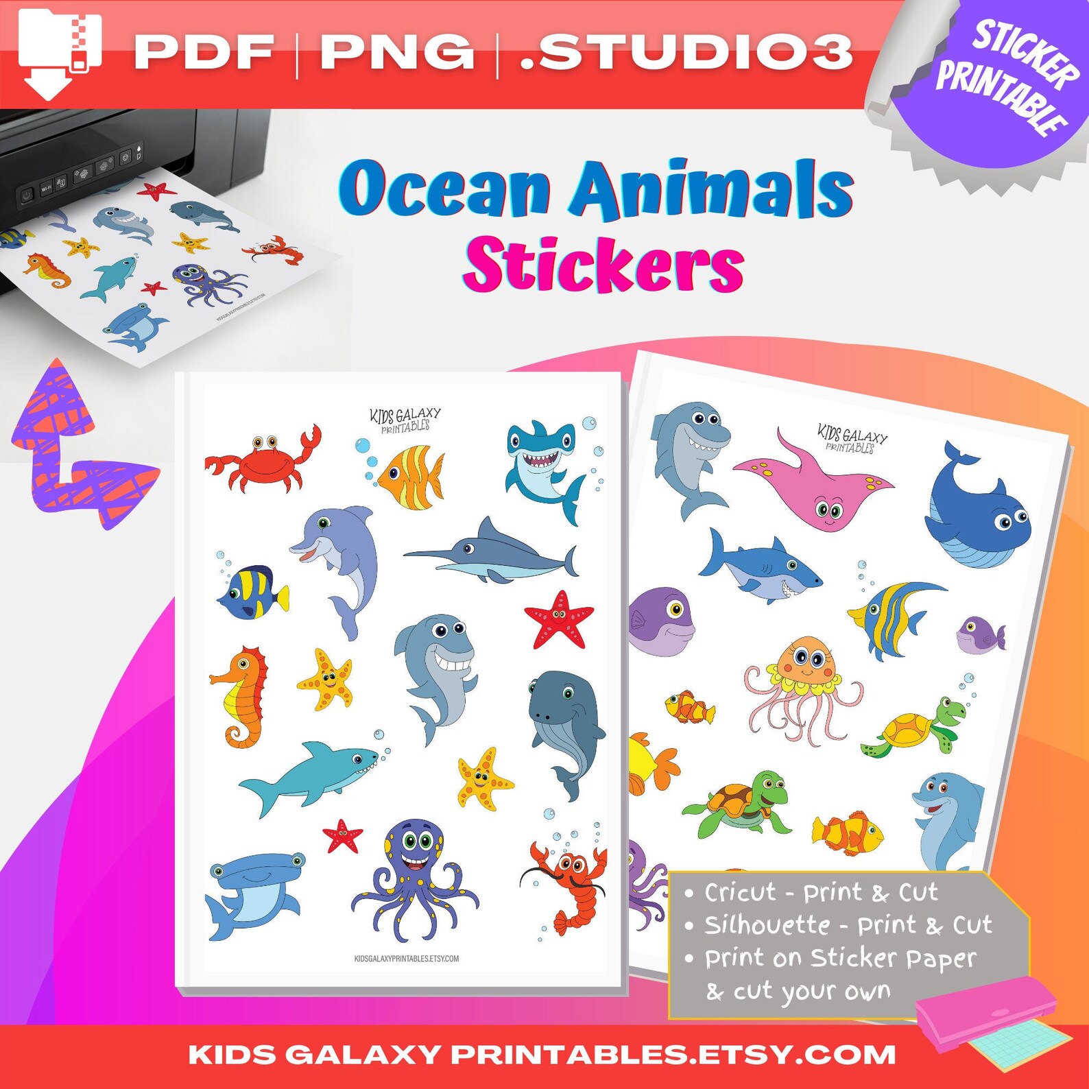 Sea Creature Stickers Kids Stickers Cute Digital Stickers - Etsy