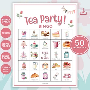 Può includere: Un gioco di bingo stampabile per un tea party, con un design floreale rosa. Il gioco include 50 carte uniche, con illustrazioni di tazze da tè, dessert e composizioni floreali. Le parole "Tea Party!" e "BINGO" sono visualizzate.