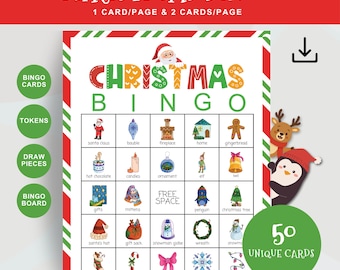 May include: A Christmas Bingo game board with a red and green striped border. The game board features Christmas-themed images and the text "CHRISTMAS BINGO". Includes 50 unique cards.